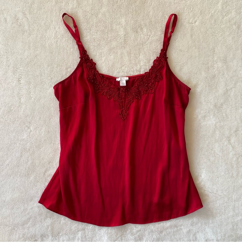 Vintage silk spandex blend red cami tank top with lace trim & mini bead detail L
